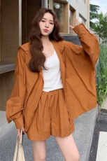 橘色防晒连帽外套短裤套装女夏2025新款减龄ootd两件套爆款超火，女装套装/套裙，2C085