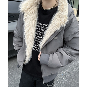 座山雕潮美式复古棉服外套冬季夹棉加绒水洗厚毛领连帽短款棉衣图片