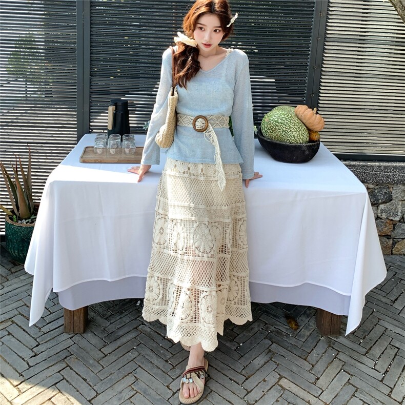 假两件收腰针织镂空蕾丝半身裙套装女夏2025新款氛围感显瘦两件套,女装套装/套裙,浙宝193A