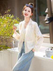 小香风蕾丝刺绣轻薄外套女2026春季新款显瘦气质V领防晒开衫上衣图片