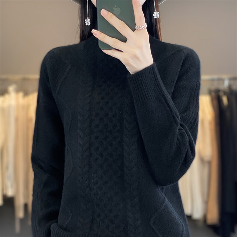 秋冬季羊毛五针高领加厚绞花羊毛衫,女装羊毛衫,秋虹羊绒