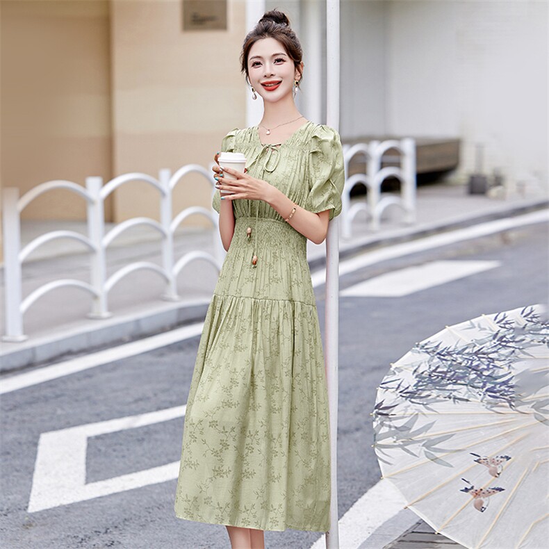 法式泡泡袖粉色印花连衣裙女2025夏季新款甜美气质收腰超好看长裙,女装连衣裙,美静678