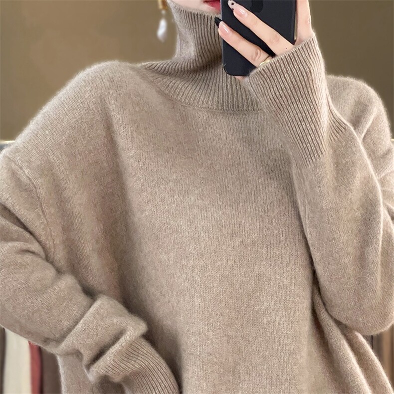 高翻领套头毛衣女纯色针织秋冬休闲加厚宽松保暖,针织衫/毛衣,解氏羊绒