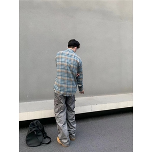 C05-P31 美式Cleanfit高街定制破坏边伐木水洗格子长袖衬衫图片