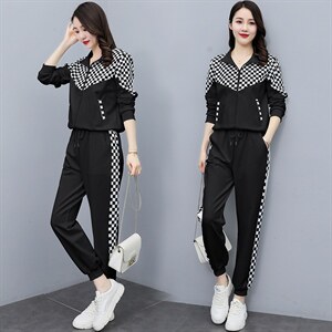 运动套装女2022新款洋气网红炸街休闲时尚棋盘格加绒卫衣两件套,女装套装/套裙,曼娅璐