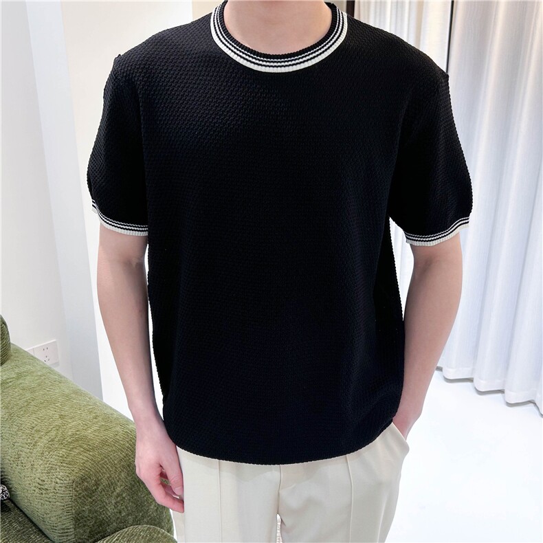 夏季薄款冰丝短袖针织衫圆领拼色T恤男轻熟N6720-P50，男装T恤，星座1012-1