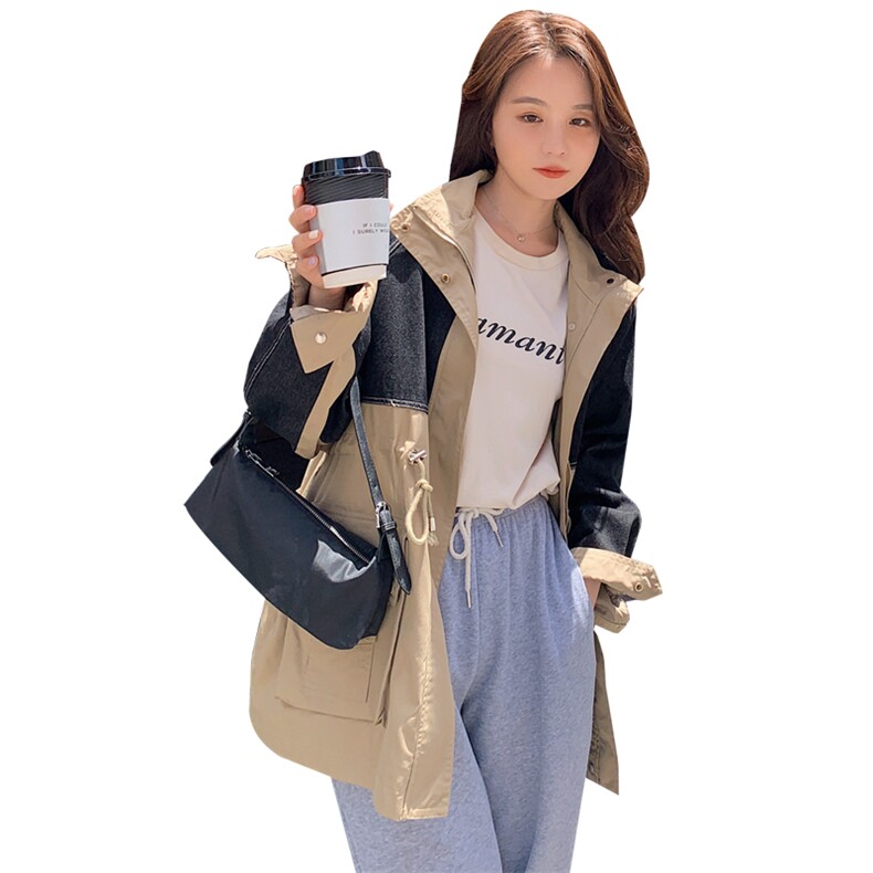 高级感撞色拼接连帽中长款冲锋衣外套女2024春秋新款时尚工装风衣,女装风衣,菡迪欧娜