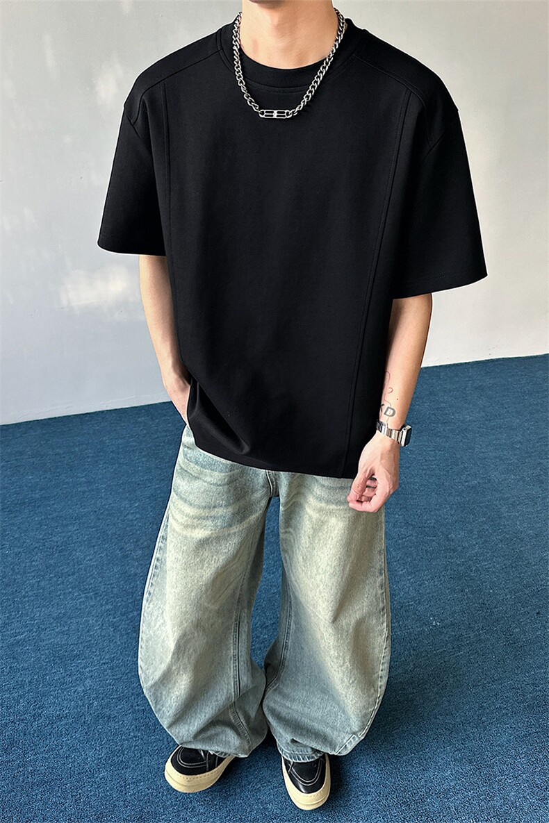2026夏季新款拼接短袖T恤宽松解构圆领男女X64122-TP14不,男装T恤,电商A102