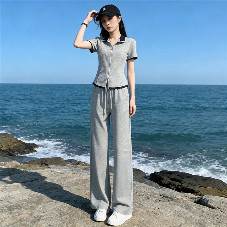 欧货时尚休闲运动套装女夏新款简约立领拼短袖上衣直筒长裤两件套,女装套装/套裙,江南