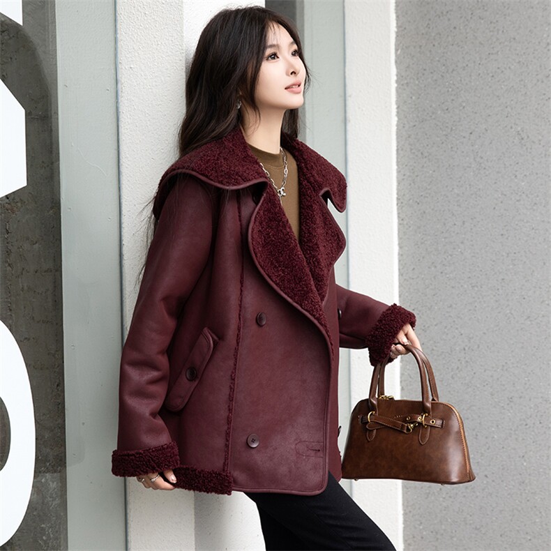 2024冬季新款羊羔毛大衣时尚年轻皮毛一体外套女中长款韩版大衣，女装羊羔毛/颗粒绒，美拉德工厂直营店