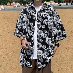 短袖男款夏季衬衫美式复古痞帅高级感夏威夷风海边沙滩花衬衣图片