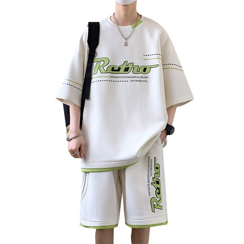 休闲运动套装男士夏季美式潮牌字母印花短袖短裤青少年两件套穿搭,男装T恤,电商D310B
