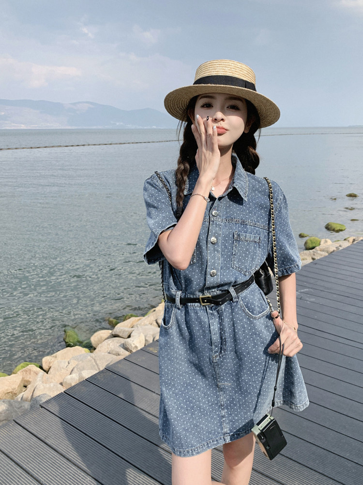 波点牛仔连衣裙女夏季2025新款港式复古减龄小个子收腰中长款裙子，女装连衣裙，浙宝128A
