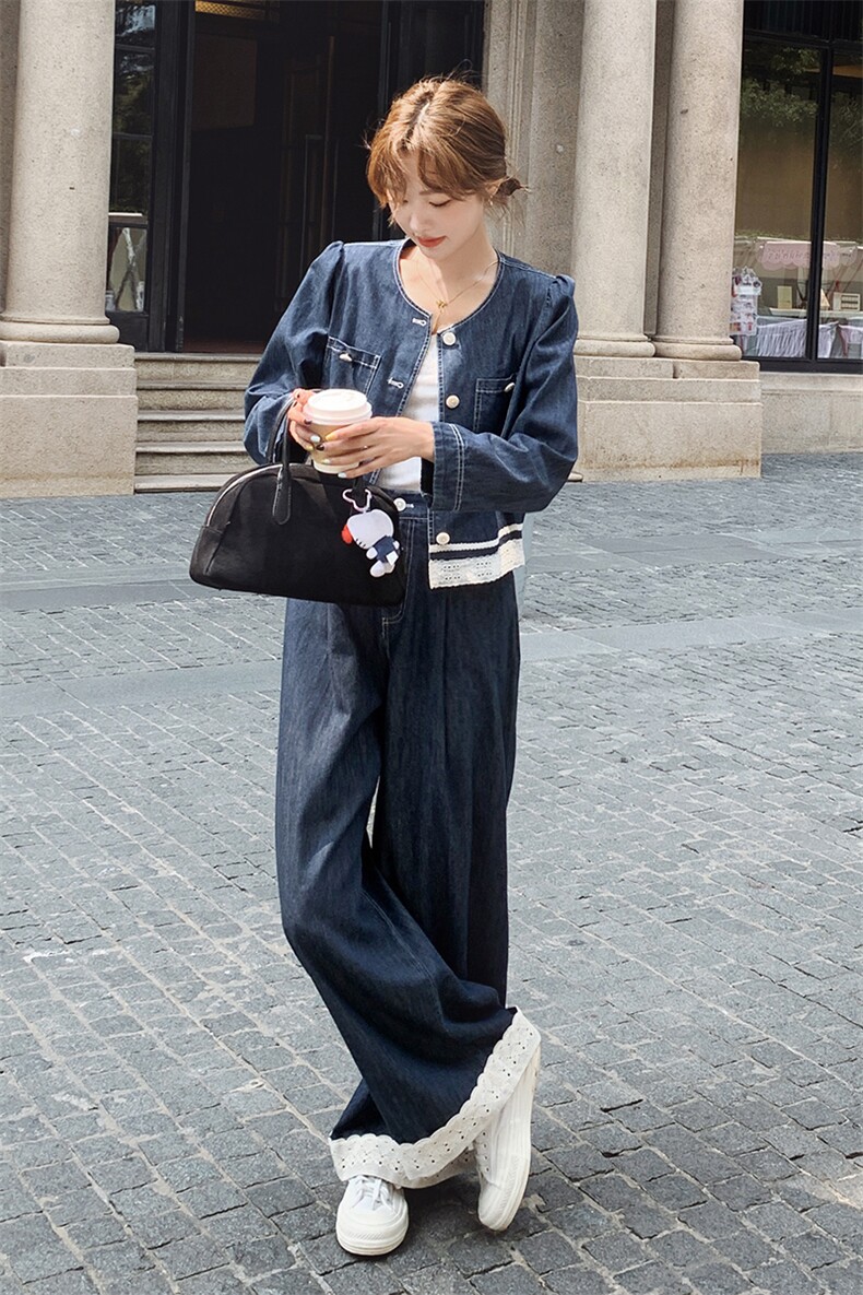 高级感穿搭复古牛仔套装女春秋2025新款超火好看夹克阔腿裤两件套,女装套装/套裙,2C010