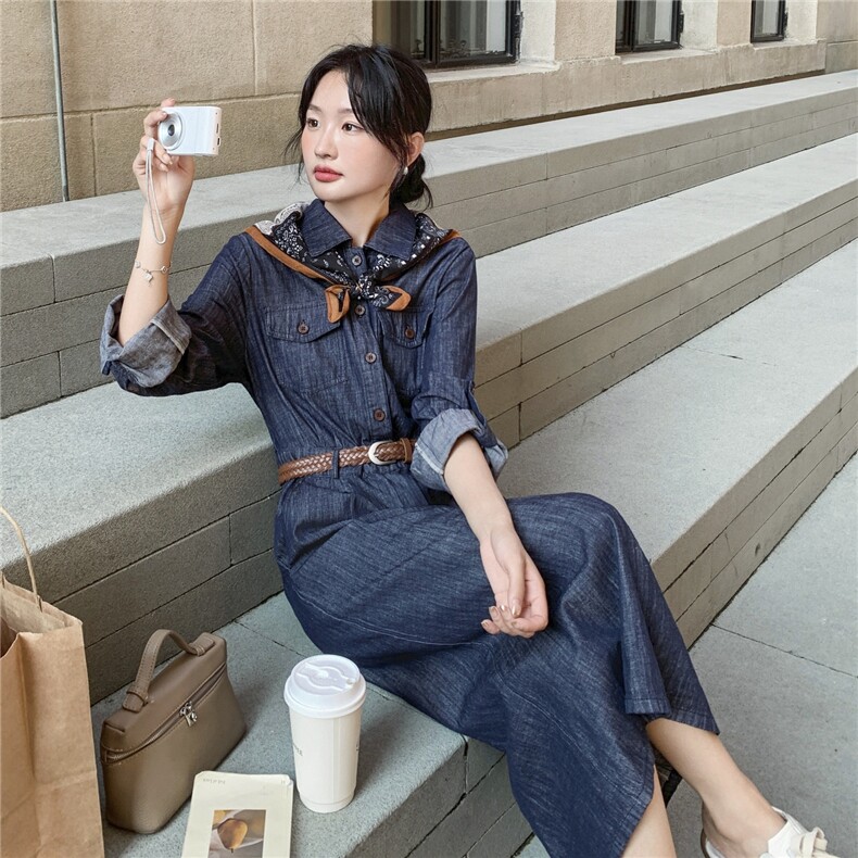 高级感复古美式牛仔长袖连衣裙女春秋2025年超火好看气质收腰长裙,女装连衣裙,2C098