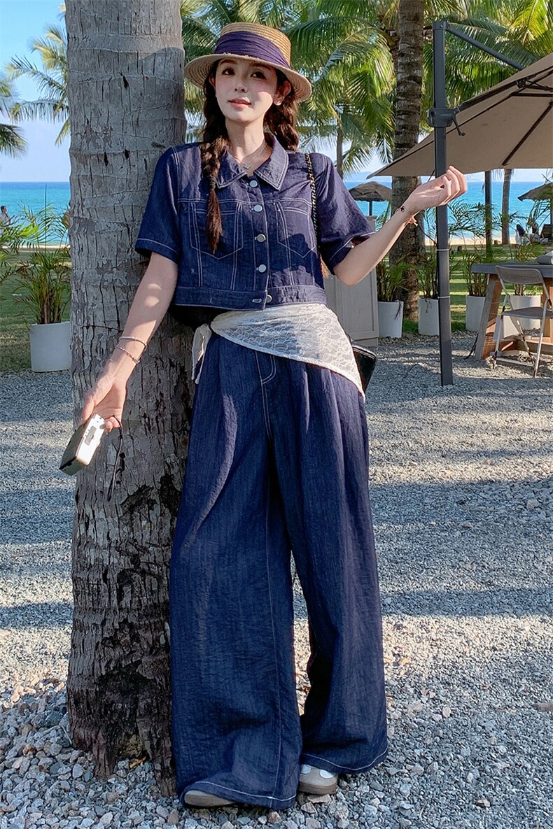超火休闲穿搭短袖配阔腿裤牛仔套装女夏2025独特绝美松弛感两件套,女装套装/套裙,2C085