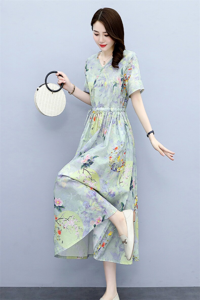 苏杭高端亚麻碎花连衣裙2025夏季减龄时尚收腰显瘦棉麻女神范长裙,女装连衣裙,倪叶myz