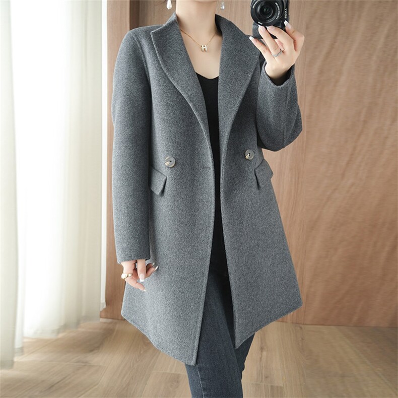 纯色经典韩版百搭高级通勤时尚秋冬羊毛大衣，女装双面呢大衣，乾庄羊绒