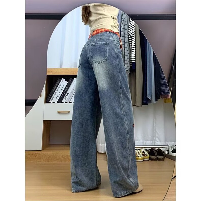 568-P55大码复古拼接设计感阔腿牛仔裤女夏新款假两件格子宽松,男装牛仔裤,电商B323A