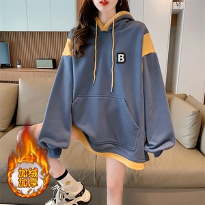 A8380牛奶丝复合100涤加绒加厚撞色拼接宽松连帽卫衣女P58图片