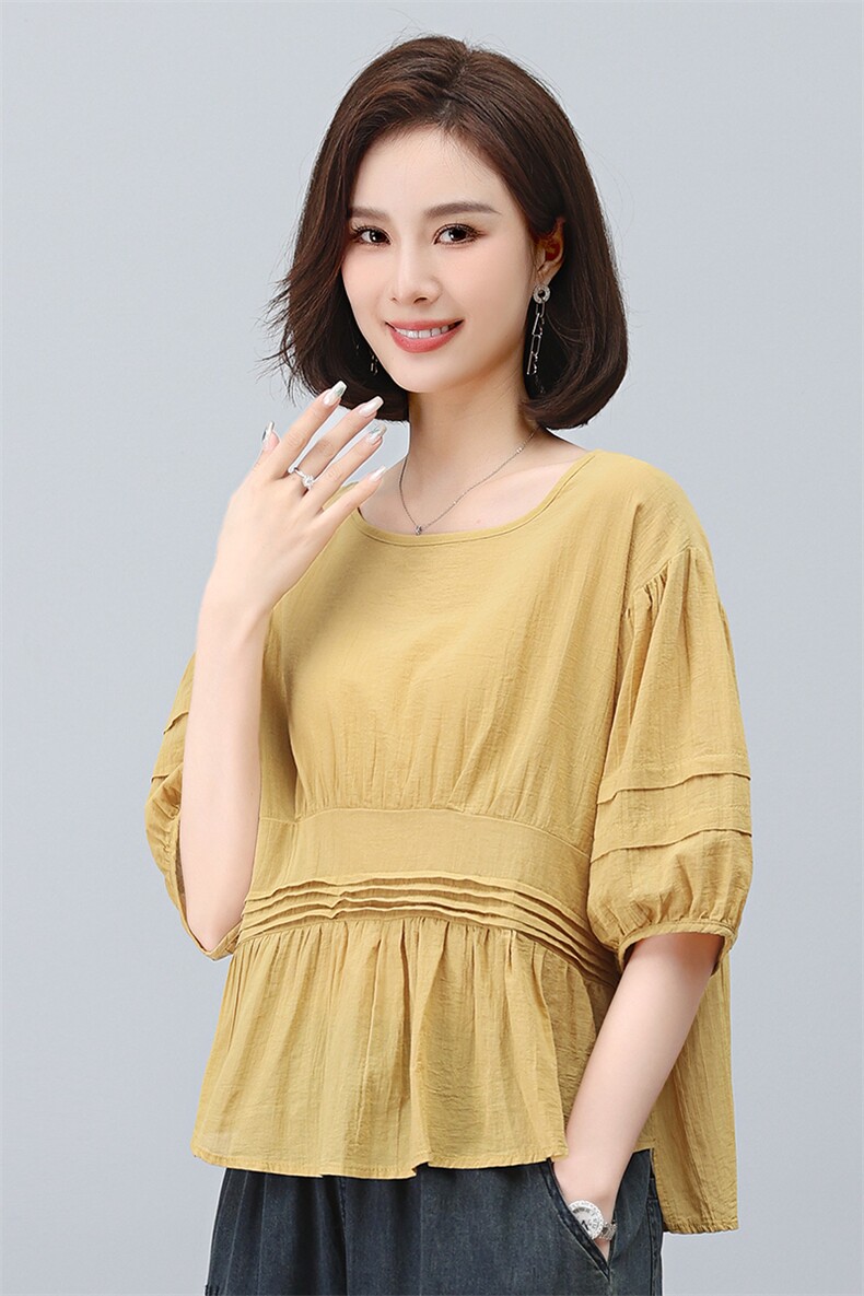 法式泡泡袖收腰白衬衫女夏季款时尚宽松遮肉显瘦A字娃娃衫上衣女,女装衬衫,叶笙衣