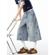 彩色纽扣牛仔短裤男女美式高街cleanfit裤子阔腿七分裤RK3058-P60，男装牛仔裤，星座412-1