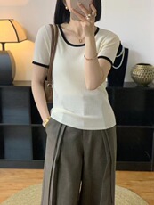 修身薄款拼色U领短袖针织衫女夏季气质百搭，女装针织衫/毛衣，圣旺供货