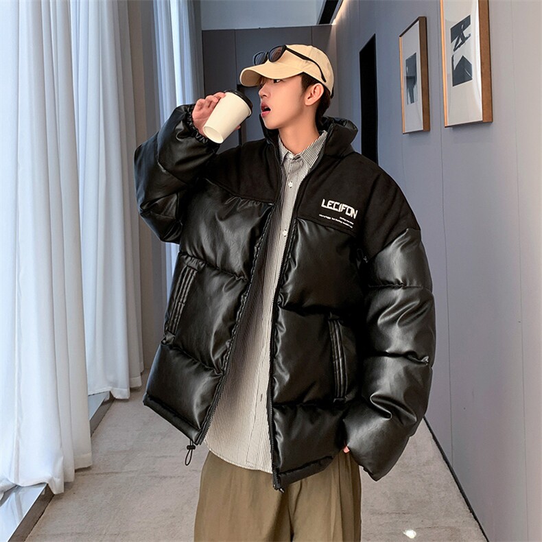拼接加厚棉衣男PU皮立领棉袄软皮棉服外套3365-P90控118图片