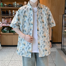 夏男士短袖衬衫含透气时尚休闲冰丝印花纯棉衬衣风7257P45，男装衬衫，电商A056