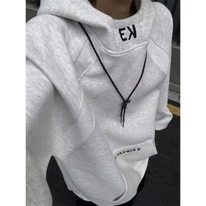 潮基础小logo图案印花连帽卫衣男女秋冬季美式重磅情侣帽衫图片