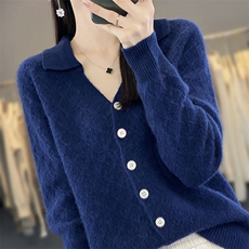 25新款100%纯羊毛开衫女POLO领提花毛衣针织衫外套宽松羊绒衫上衣，女装羊毛衫，邓利维