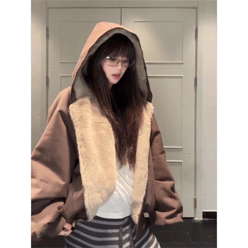 现货高品质美式冬季重磅座山雕大毛毛领pu皮棉衣男女加厚外套图片