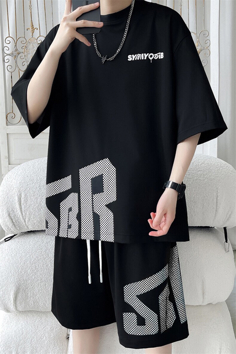 2025夏季新款旋律风车大码冰丝印花短袖套装M-5XHQ25561-P60,男装休闲套装,电商A022