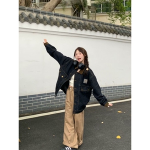 美式复古高街牛仔外套男女春秋季潮牌翻领宽松夹克上衣图片