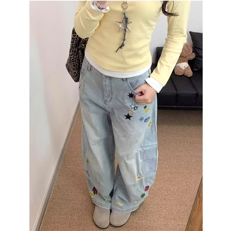 女童牛仔裤秋季2025新款儿童宽松直筒刺绣水洗软牛仔休闲裤子春秋,男装牛仔裤,星座506A