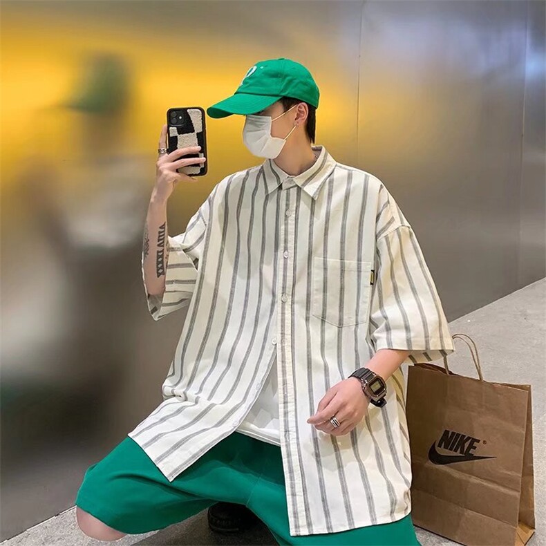 夏季复古条纹短袖衬衫男潮牌街头宽松休闲百搭衬衣外套GC808-P35,男装衬衫,星座1008