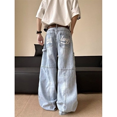 美式复古印花弯刀牛仔裤女设计感宽松垂感显瘦阔腿拖地长裤子，男装牛仔裤，星座601-1