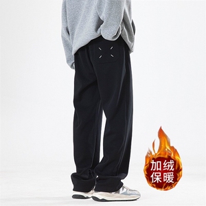 美式重磅黑色卫裤男款春秋冬季加绒加厚宽松直筒大码男生休闲裤子