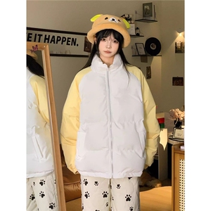 韩系少女撞色拼接立领棉服女美式宽松保暖情侣休闲棉衣图片