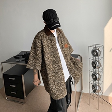 美式复古vintage豹纹衬衫Polo领短袖男女潮牌炸街外套男CY762-P34，男装衬衫，星座412-2