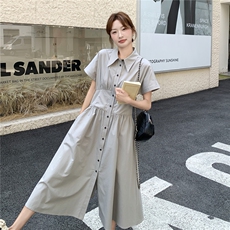 时髦简约气质淡人翻领连衣裙女2025夏季松弛显瘦泡泡袖高腰衬衫裙，女装连衣裙，2D145