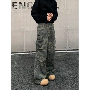 褶皱多口袋水洗迷彩工装裤男女街头直筒堆积感阔腿裤子 K0915图片