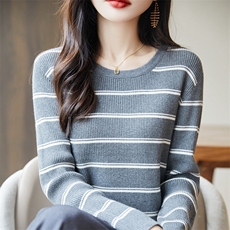 2025秋冬季气质条纹圆领长袖毛衣内搭女韩系时尚撞色针织打底上衣，女装卫衣/绒衫，长今羊