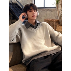 [005]假两件拼接男毛衣打底针织衫翻领内搭polo衫A079-M216-P56，男装T恤，电商A079