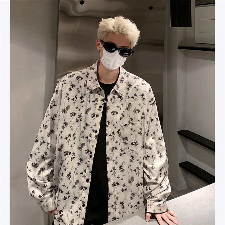 主推暗黑风秋季百搭长袖衬衫男潮流ins满印秋季衬衣外套P48,男装衬衫,电商C306-1