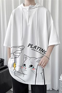 LD54129-P45 连帽短袖t恤男大码胖子带帽五分袖中袖图片