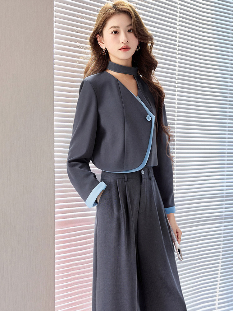 蓝色西装西裤两件套女春秋季2025超火独特漂亮高级感韩系休闲套装,女装套装/套裙,卡杰菲