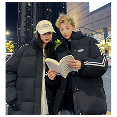 网络图冬季保暖宽松连帽两条杠中长款棉衣男女同款，男装棉衣，星座410-6（原星座1304-1）