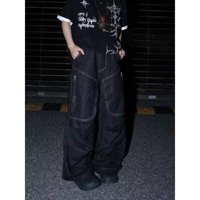 221-5/K2339/P55网图美式高街复古丹宁褶皱多口袋阔腿牛仔裤，男装牛仔裤，星座221-5