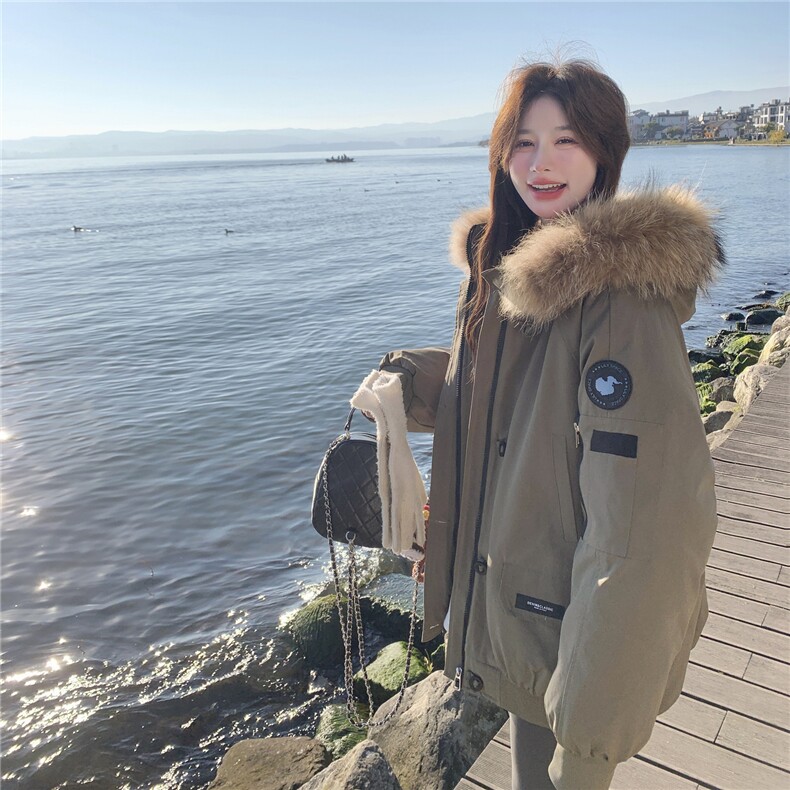 韩版大毛领连帽工装白鸭绒羽绒派克服女冬新款小个子休闲加厚外套,女装羽绒服,2C218